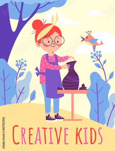 Creative kids banner with child girl doing ceramic art, flat vector illustration.