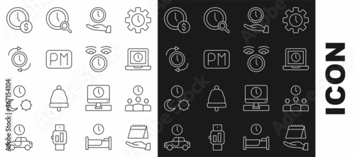 Set line Calendar, Time Management, Laptop time, Clock, Day, with arrow, is money and icon. Vector