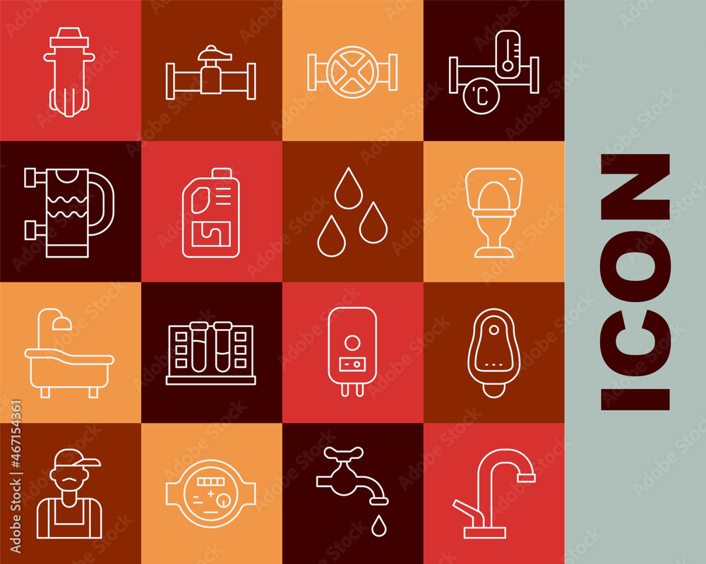 Set line Water tap, Toilet urinal or pissoir, bowl, Industry pipe and valve, Drain cleaner bottle, Heated towel rail, filter and drop icon. Vector Set line Water tap, Toilet urinal or pissoir, bowl, Industry pipe and valve, Drain cleaner bottle, Heated towel rail, filter and drop icon. Vector
