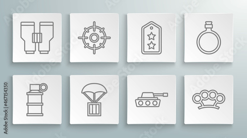 Set line Hand smoke grenade, Target sport, Airdrop box, Military tank, Brass knuckles, rank, Canteen water bottle and Binoculars icon. Vector