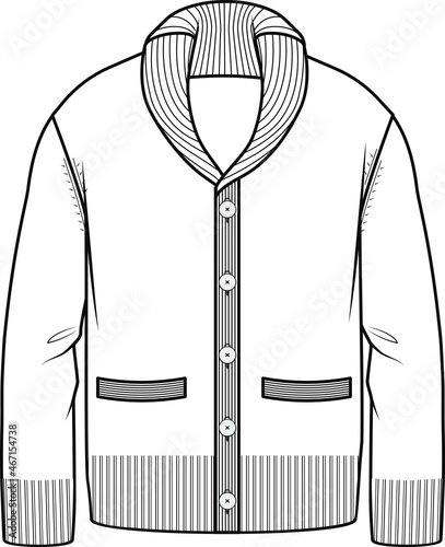Cardigan flat sketch, knitting, men's cardigan vector Technical drawing APPAREL template, knitted garments