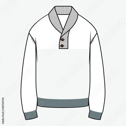 Sweater vector flat sketch, knitting, men's cardigan Technical drawing APPAREL template, knitted garments