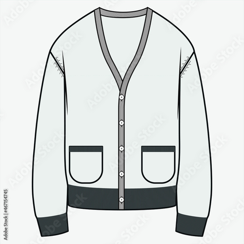 Men's cardigan Technical drawing APPAREL template, knitted garments, Cardigan vector flat sketch, knitting photo