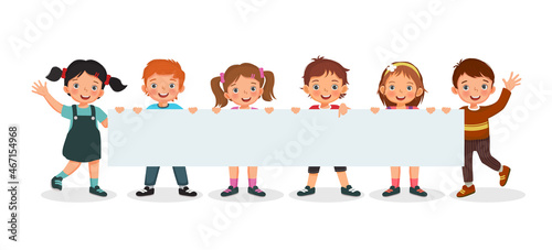 Group of children holding a long empty banner or poster. Vector of boys and girls showing placard with empty space templates for text, banner, ads.
