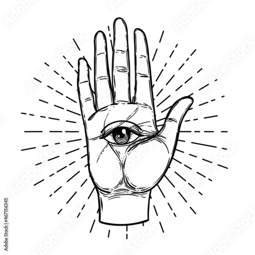 Vintage Hands with all seeing eye. Hand drawn sketchy illustration with mystic and occult hand drawn symbols. Palmistry concept. Vector illustration. Spirituality, astrology and esoteric concept.