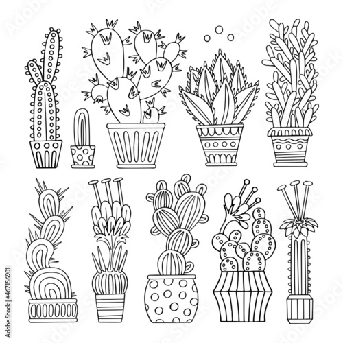 Coloring page, set of indoor cacti. Flowers in pots in doodle style. Home plants. Hand drawn line vector illustration. Art therapy coloring book.