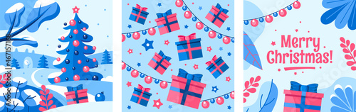 Vector set of New Year illustrations in flat style. Landscape with a Christmas tree, pattern with gifts, lettering.