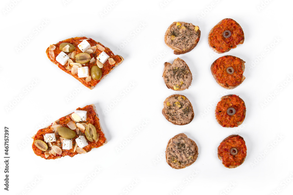Sandwiches and appetizers on white background. Catering food. Top view.
