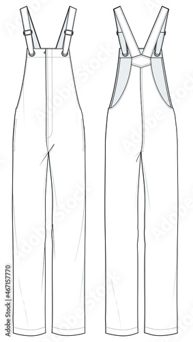 Women Denim Dungarees, Jumpsuit Front and Back View. fashion illustration, vector, CAD, technical drawing, flat drawing.	