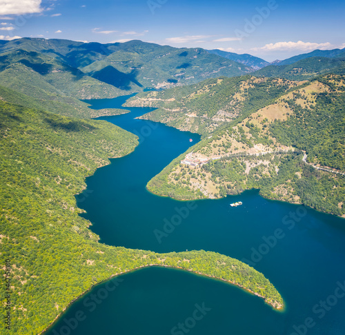 Aerial panoramic view of Vacha Dam in Rhodope Mountain, Bulgaria