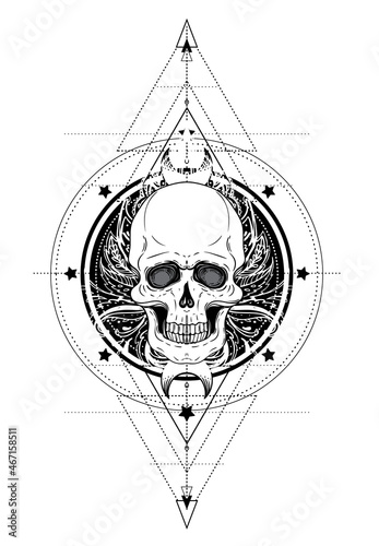 Human Skull and Lotus over Mandala inspired Sacred Geometry. Ayurveda symbol ...