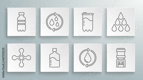 Set line Water tap, Recycle clean aqua, Big bottle with water, cooler, filter cartridge, drop and Bottle of icon. Vector
