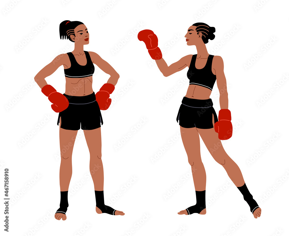 Young beautiful athletic girls greet each other. Muay Thai boxers in black gym shorts before the fight. Color vector illustration isolated on a white background in cartoon style and flat design. Young beautiful athletic girls greet each other. Muay Thai boxers in black gym shorts before the fight. Color vector illustration isolated on a white background in cartoon style and flat design.