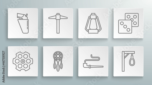 Set line Revolver cylinder, Pickaxe, Dream catcher with feathers, Smoking pipe, Gallows, Camping lantern, Game dice and gun holster icon. Vector
