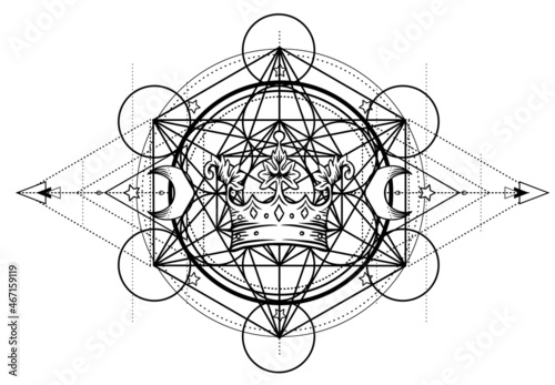 Alchemy symbol with royal crown. Sacred geometry, vintage design. Tattoo flesh design, yoga logo. Boho print, poster, t-shirt textile. Anti stress colouring book. Isolated vector illustration.