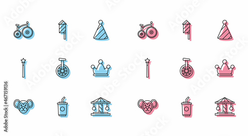 Set line Monkey, Paper glass with water, Vintage bicycle, Attraction carousel, Unicycle or one wheel, Jester hat bells, Magic wand and Firework rocket icon. Vector