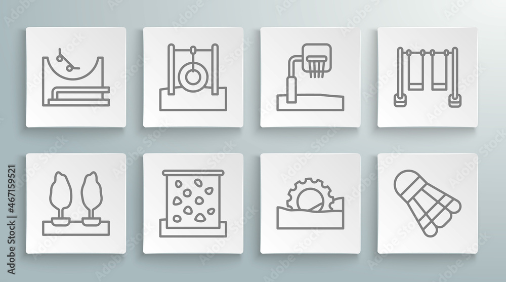 Set line Forest, Car tire hanging on rope, Climbing wall, Ferris wheel, Badminton shuttlecock, Basketball backboard, Double swing and Skate park icon. Vector Set line Forest, Car tire hanging on rope, Climbing wall, Ferris wheel, Badminton shuttlecock, Basketball backboard, Double swing and Skate park icon. Vector