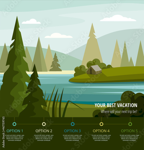 Camping in spruce forest. Summer landscape with lake and trees. Vector