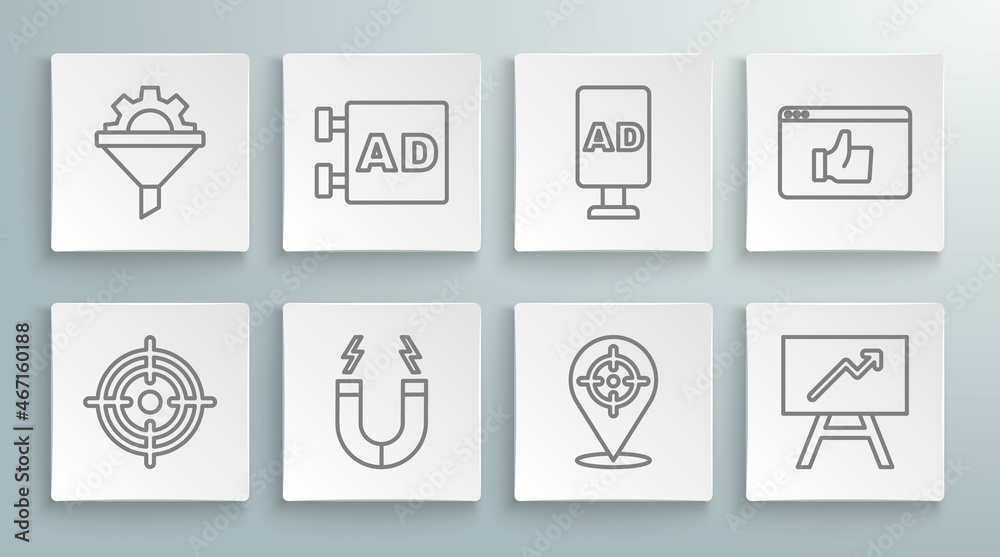 Set line Target, Advertising, Magnet, Board with graph chart, Customer product rating and Sales funnel gear icon. Vector Set line Target, Advertising, Magnet, Board with graph chart, Customer product rating and Sales funnel gear icon. Vector