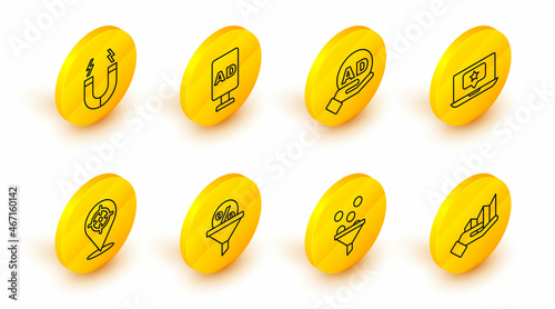 Set line Pie chart infographic, Lead management, Target, Laptop with star, Advertising, and Magnet icon. Vector