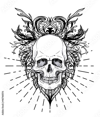 Human Skull and Lotus over Mandala inspired Sacred Geometry. Ayurveda symbol ...