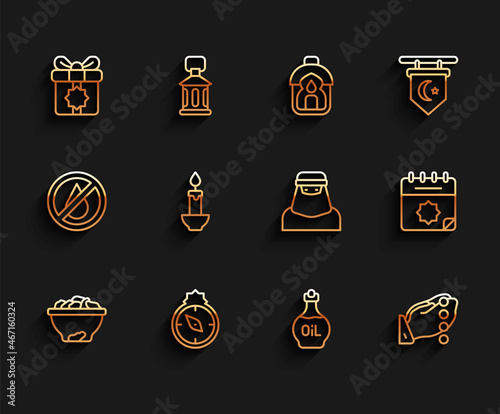 Set line Date fruit in bowl, Qibla, Gift box, Essential oil bottle, Hands praying position, Burning candle, Ramadan calendar and Muslim woman niqab icon. Vector
