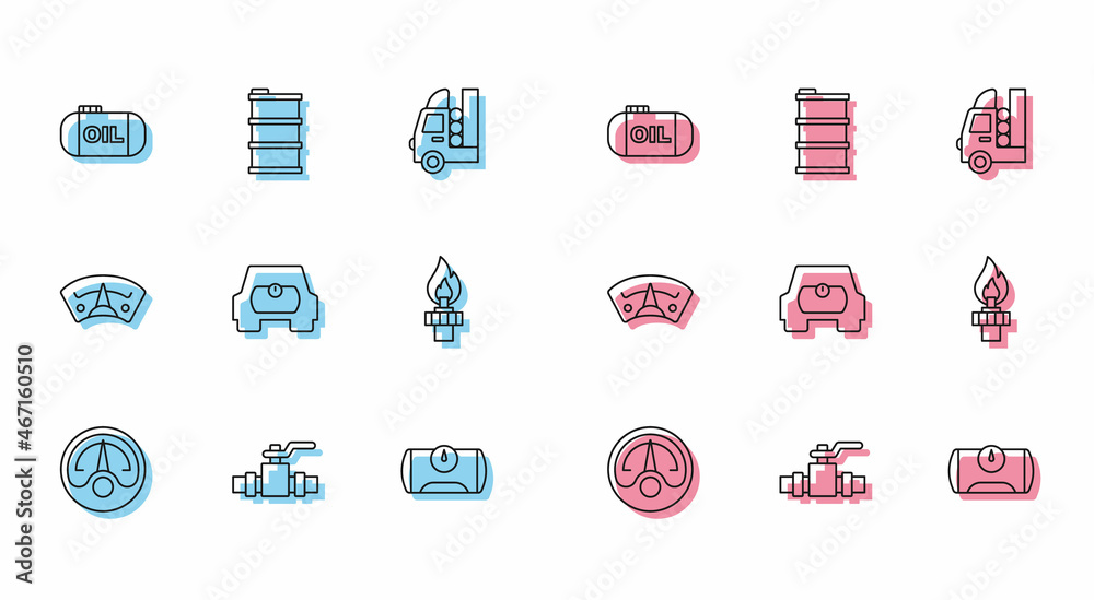 Set line Motor gas gauge, Metallic pipes and valve, Oil tank storage, Gas for vehicle, rig with fire, and Barrel oil icon. Vector