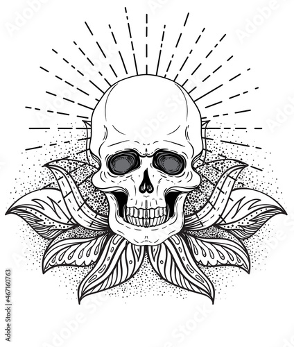 Human Skull and Lotus over Mandala inspired Sacred Geometry. Ayurveda symbol ...