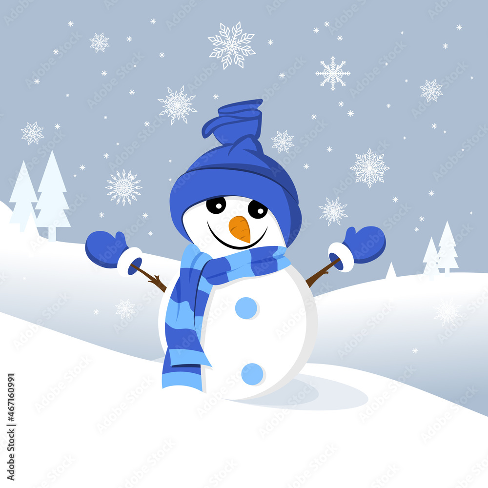 Naklejka premium Christmas greeting card with a cute snowman on winter background with snowflakes. Vector