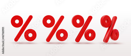 Set of 3d percent sign, label symbol sales discount. Realistic minimal red design element. Percent sign at different angles. Vector illustration with label isolated on white background.