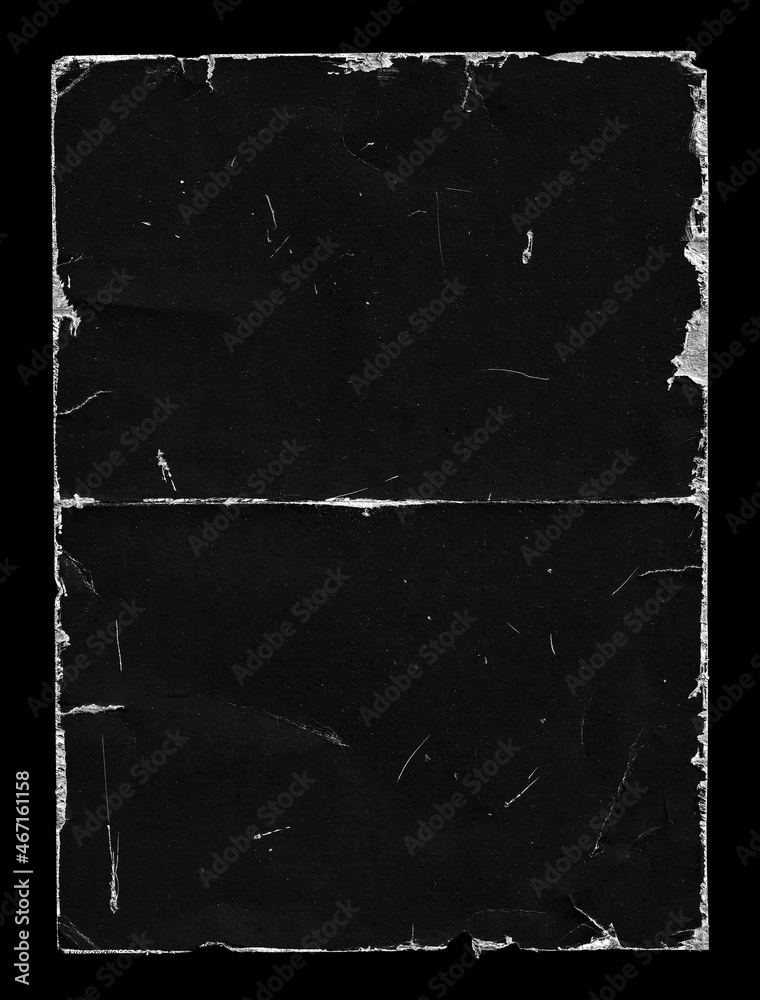 Old Black Empty Aged Damaged Paper Poster Cardboard Photo Card. Rough  Grunge Shabby Scratched Torn Ripped Texture. Distressed Overlay Surface for  Collage. High Quality. Stock Photo