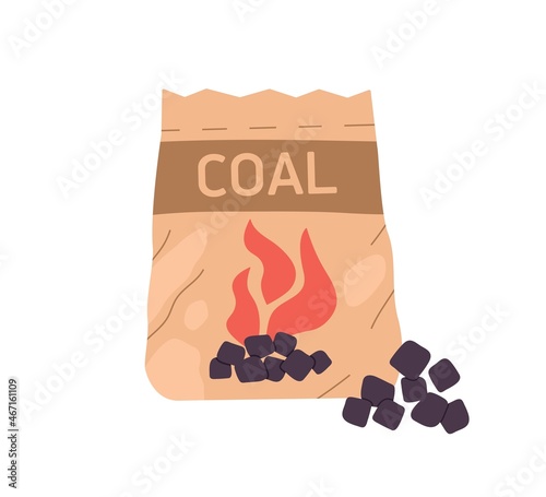 Charcoal in paper bag. Pack of BBQ coal pieces for fire and cooking with barbecue grill. Barbeque carbons package. Colored flat vector illustration isolated on white background