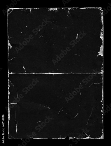Old Black Empty Aged Damaged Paper Poster Cardboard Photo Card. Rough Grunge Shabby Scratched Torn Ripped Texture. Distressed Overlay Surface for Collage. High Quality.