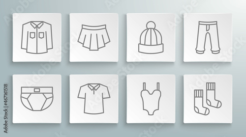 Set line Men underpants, Skirt, Shirt, Swimsuit, Socks, Winter hat, Pants and icon. Vector