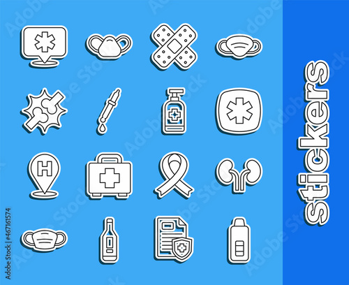Set line Digital thermometer, Human kidneys, Emergency - Star of Life, Crossed bandage plaster, Pipette, Joint pain, knee pain, Location hospital and Antibacterial soap icon. Vector