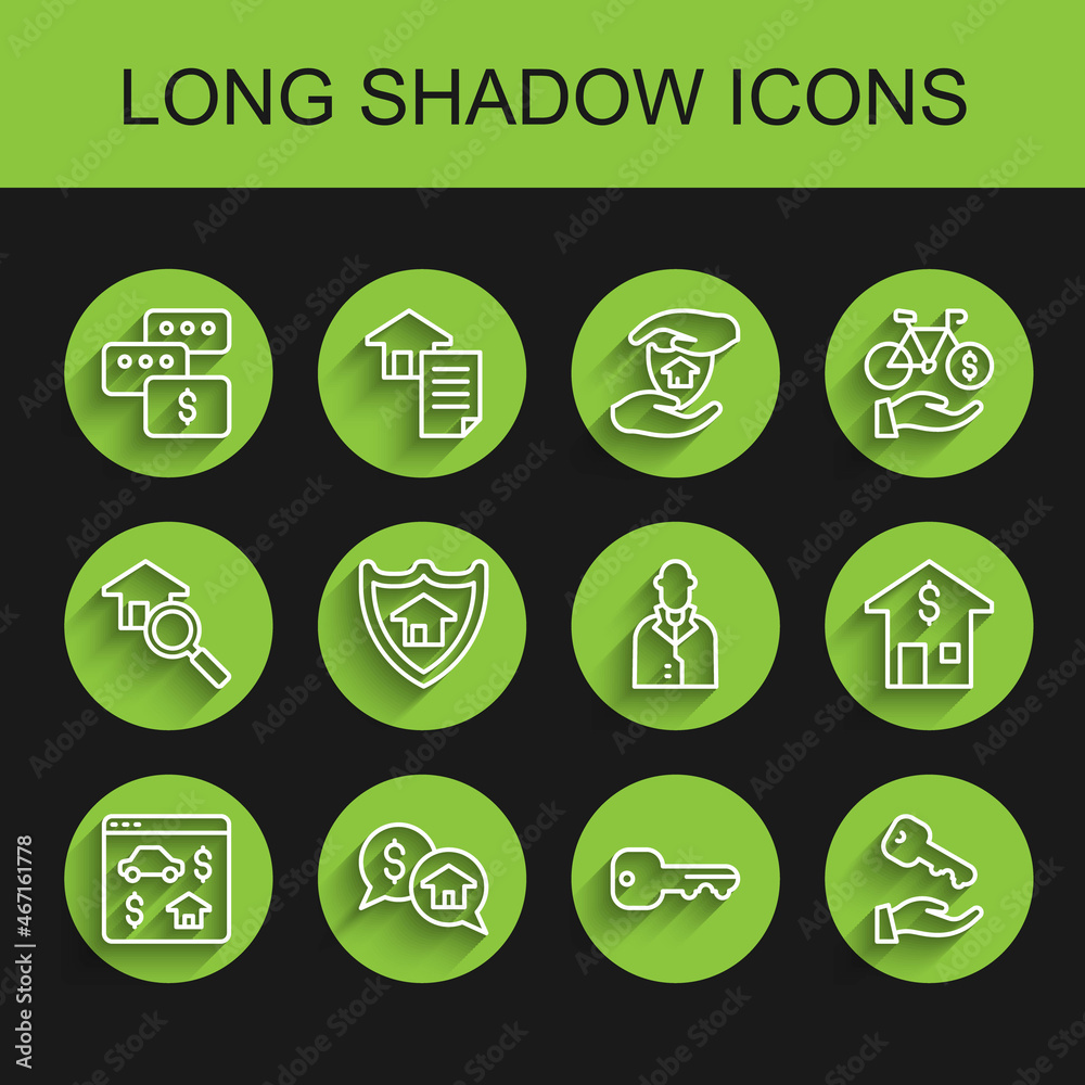 Set line Online real estate, Price negotiation, House key, with shield, dollar and Realtor icon. Vector Set line Online real estate, Price negotiation, House key, with shield, dollar and Realtor icon. Vector