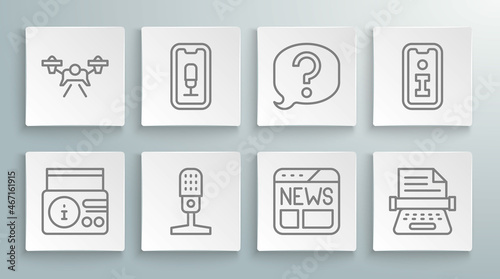 Set line News on radio channel, Mobile recording, Microphone, Retro typewriter, Speech bubble chat, Information and Drone icon. Vector