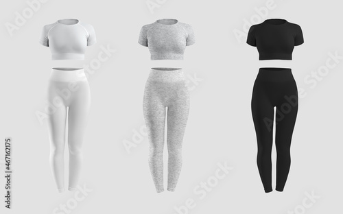 Mockup of white, heather, black compression suit, 3D rendering, crop top, leggings, isolated on background. Set front view