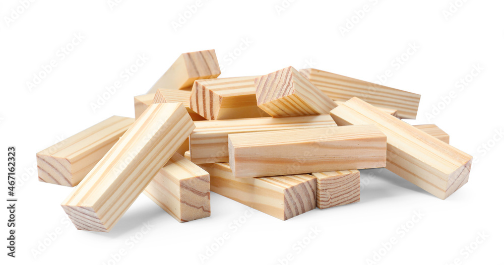 Pile of wooden blocks on white background. Jenga game