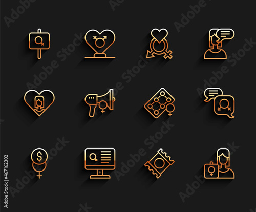 Set line Feminism finance, Dating app, Feminist activist, Condom package, Gender equality and Packaging of birth control pills icon. Vector
