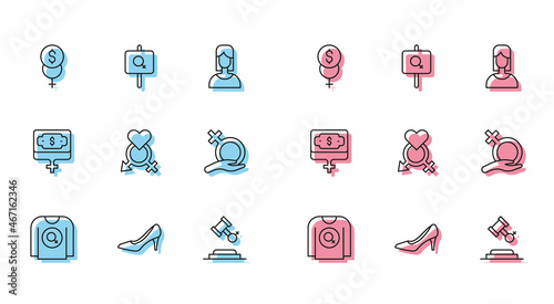 Set line Feminist shirt, Woman shoe, Feminism finance, Female rights, Gender, gender, Money growth woman and activist icon. Vector
