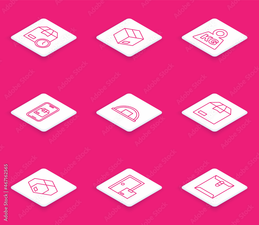 Set line Cardboard box with clock, Carton cardboard, Weight, Mobile app delivery tracking, Warehouse, and Home services icon. Vector Set line Cardboard box with clock, Carton cardboard, Weight, Mobile app delivery tracking, Warehouse, and Home services icon. Vector
