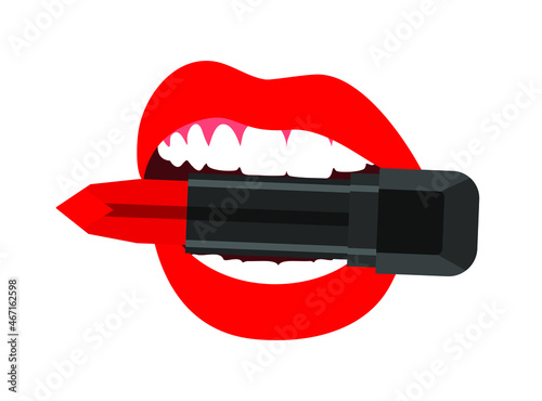 Open female mouth with red lips and white teeth holding red lipstick. Fashion vector illustration