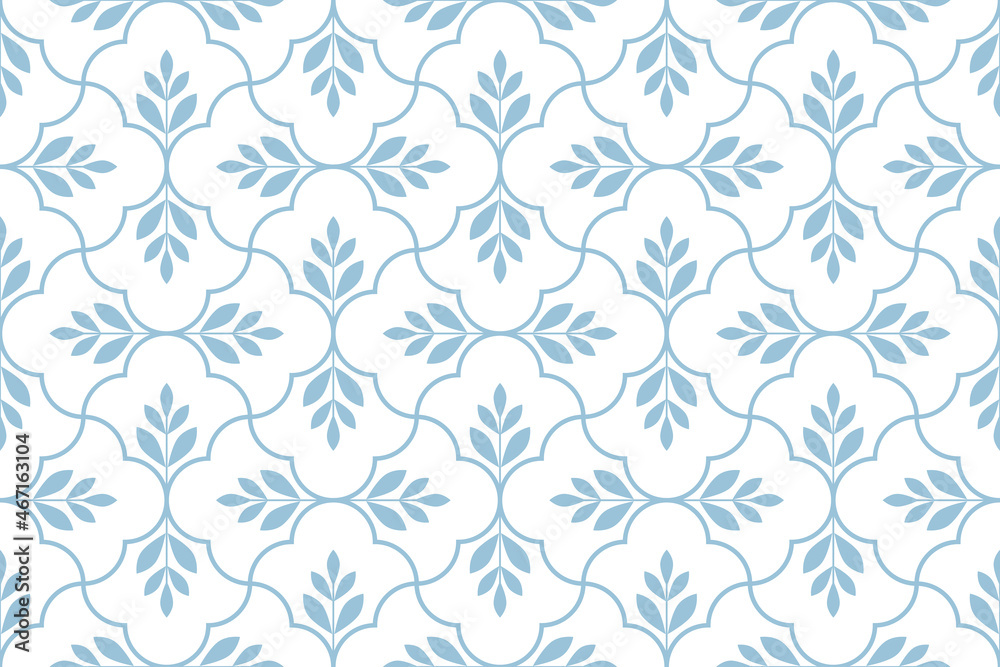 Flower geometric pattern. Seamless vector background. White and blue ornament. Ornament for fabric, wallpaper, packaging. Decorative print Flower geometric pattern. Seamless vector background. White and blue ornament. Ornament for fabric, wallpaper, packaging. Decorative print