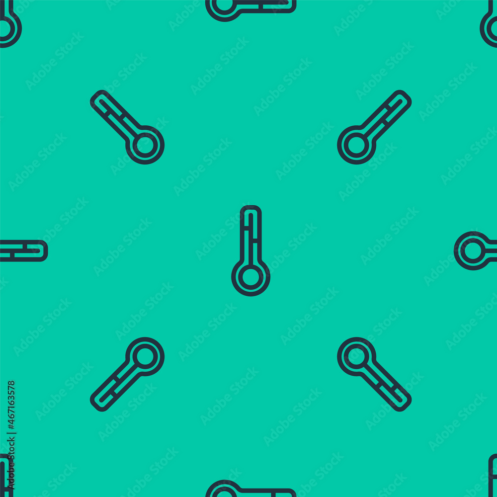 Blue line Meteorology thermometer measuring icon isolated seamless pattern on green background. Thermometer equipment showing hot or cold weather. Vector Blue line Meteorology thermometer measuring icon isolated seamless pattern on green background. Thermometer equipment showing hot or cold weather. Vector