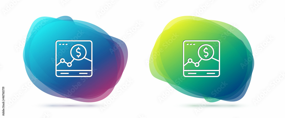 Set line Website with stocks market growth graphs and money icon isolated on white background. Monitor with stock charts arrow on screen. Abstract banner with liquid shapes. Vector