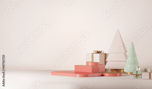 Minimal scene with gifts and pine trees  podium. Beige and red  pastel green color. For christmas holiday winter concept and magazines  poster  banner. 3D rendering 