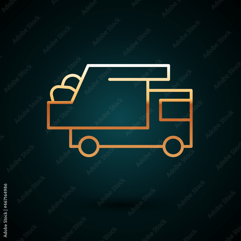 Gold line Garbage truck icon isolated on dark blue background. Vector
