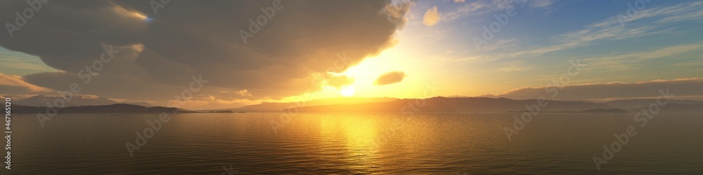 Ocean at sunrise, sunset at sea, panorama of seascape, 3D rendering