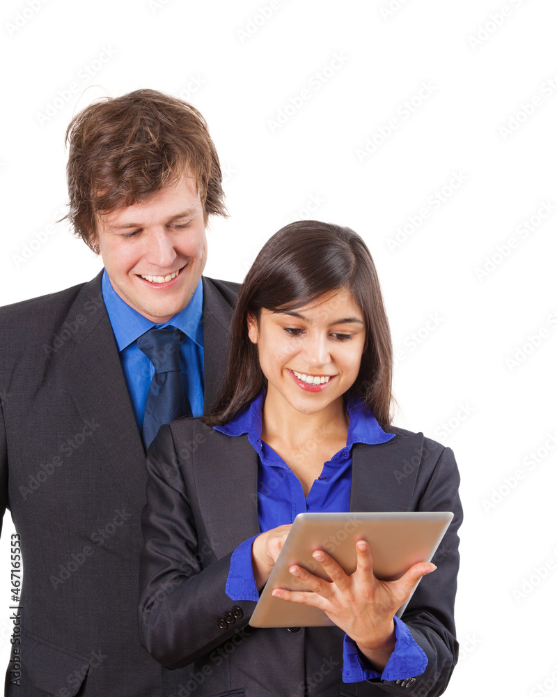 Two businesspeople looking on a touchpad - isolated Two businesspeople looking on a touchpad - isolated